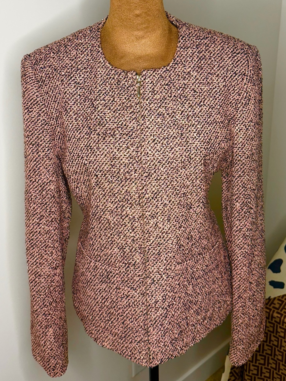 Vintage Emma James Liz Claiborne Pink Tweed Bouclé Zip Blazer Jacket Size 6